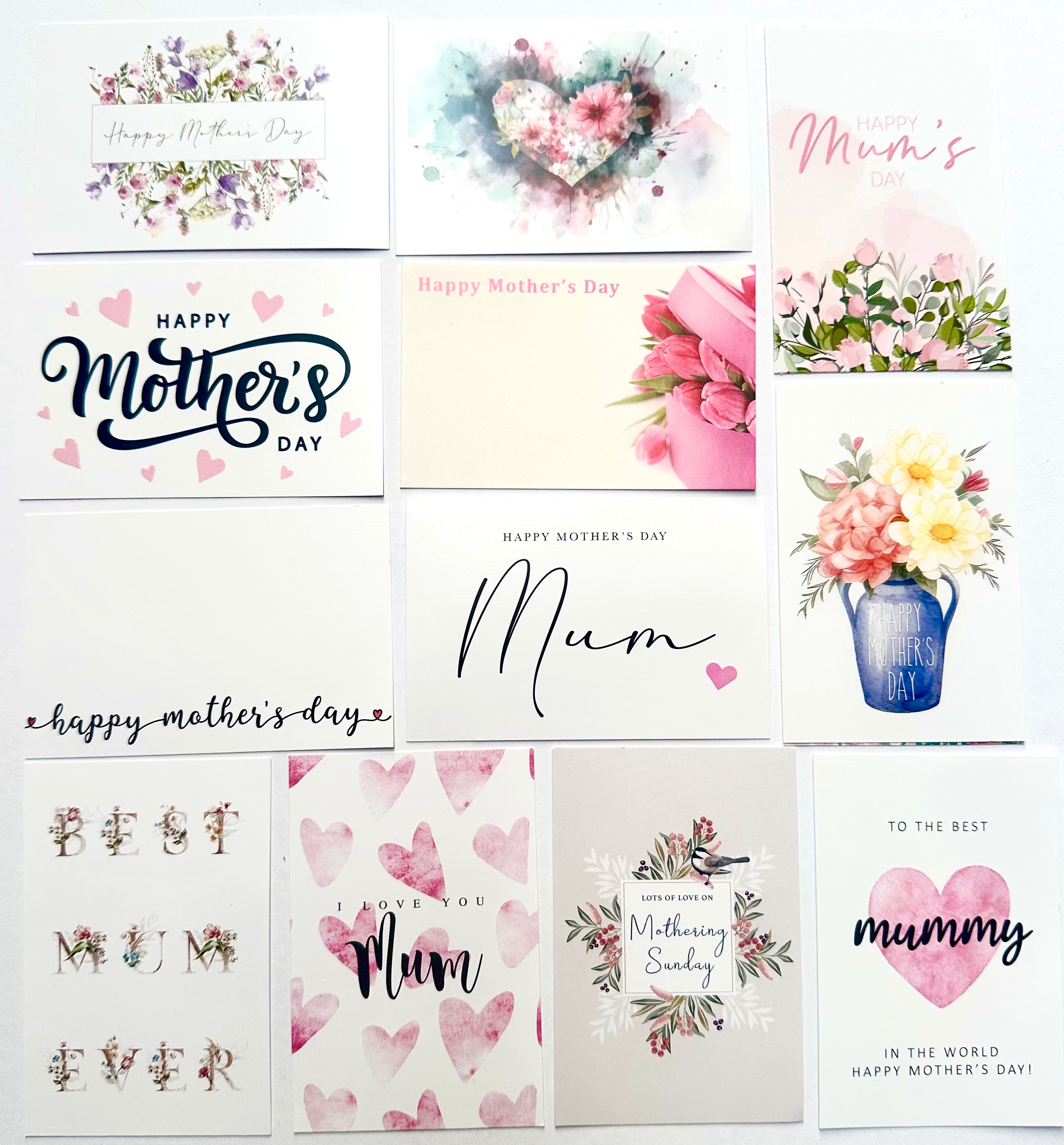 ShredAstic®️ MOTHERS DAY (Pack of 12 assorted) Florist flower Message Cards Mothering Sunday Mum