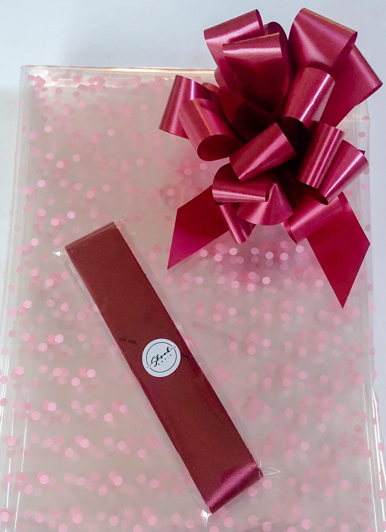 ShredAstic®️ Pink Dot - Cellophane hamper wrap florist film & Burgundy Pull Bow