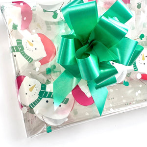 Snowman Christmas Cellophane hamper wrap with emerald green pull bow