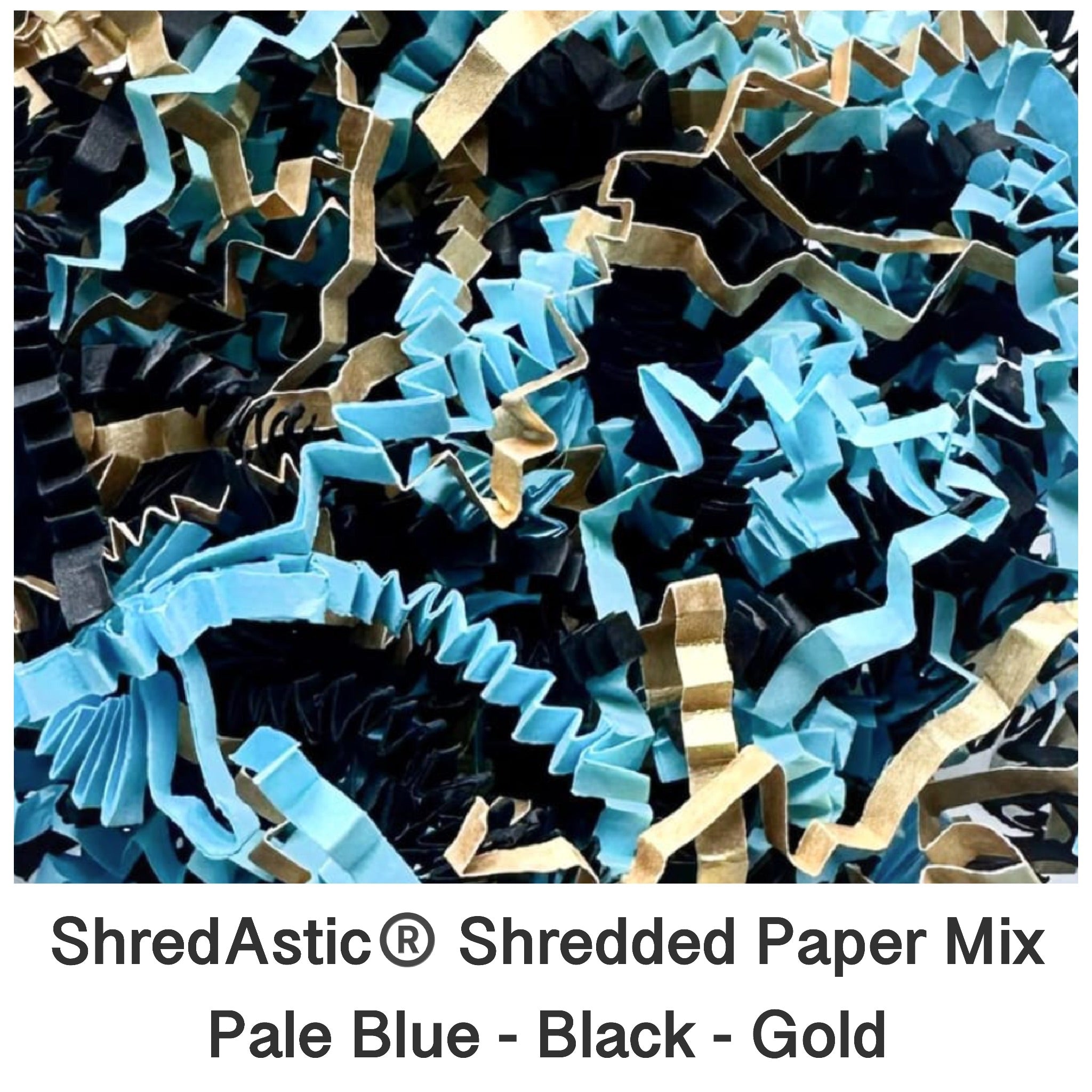 ShredAstic®️ SHREDDED PAPER Pale blue/Gold/Black ZigZag Crinkle hamper Mix