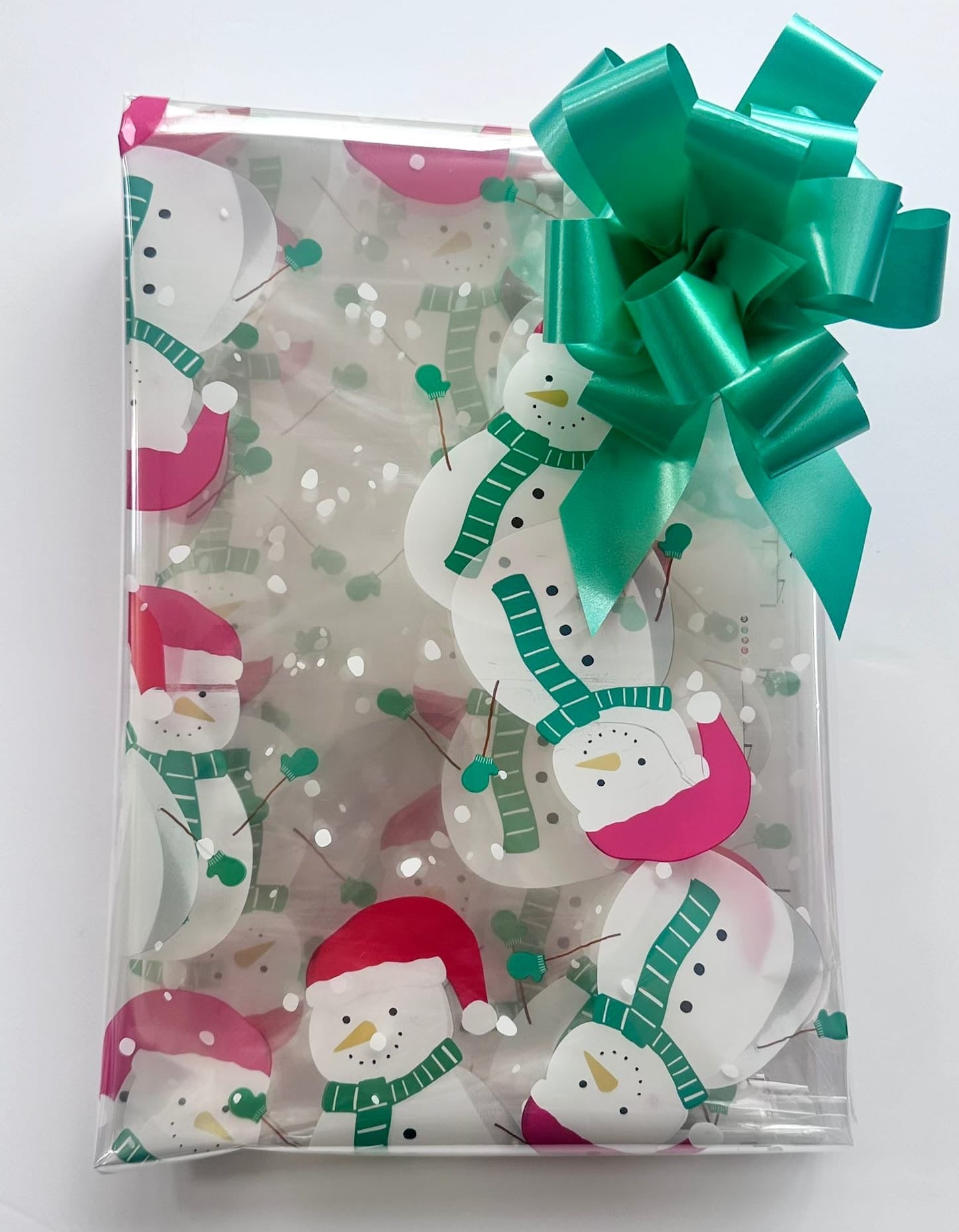 Snowman Christmas Cellophane hamper wrap with emerald green pull bow