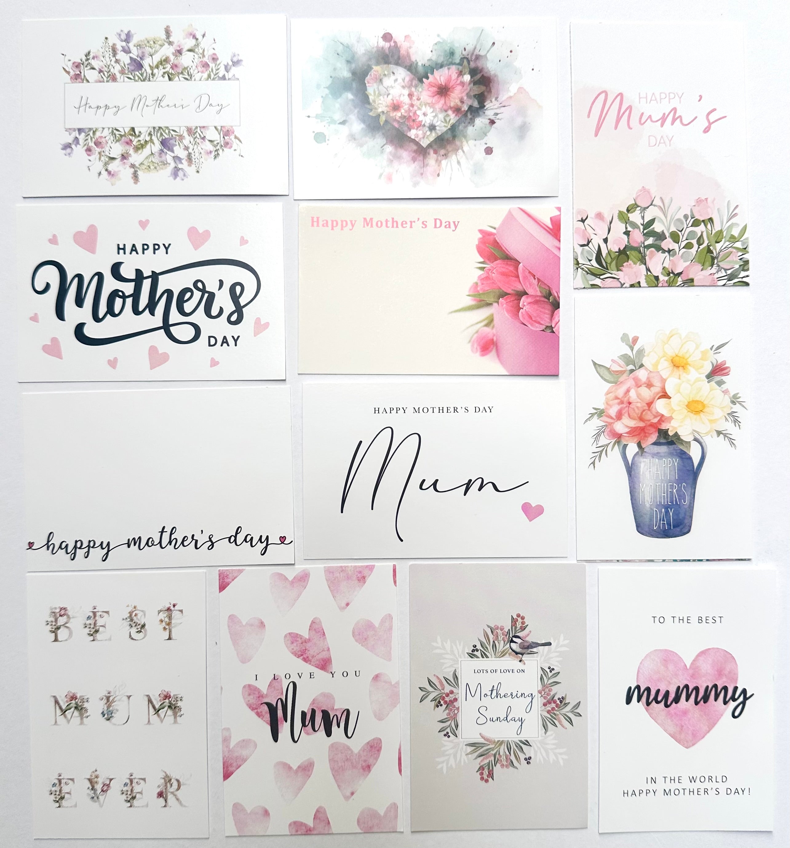 ShredAstic®️ MOTHERS DAY (Pack of 12 assorted) Florist flower Message Cards Mothering Sunday Mum