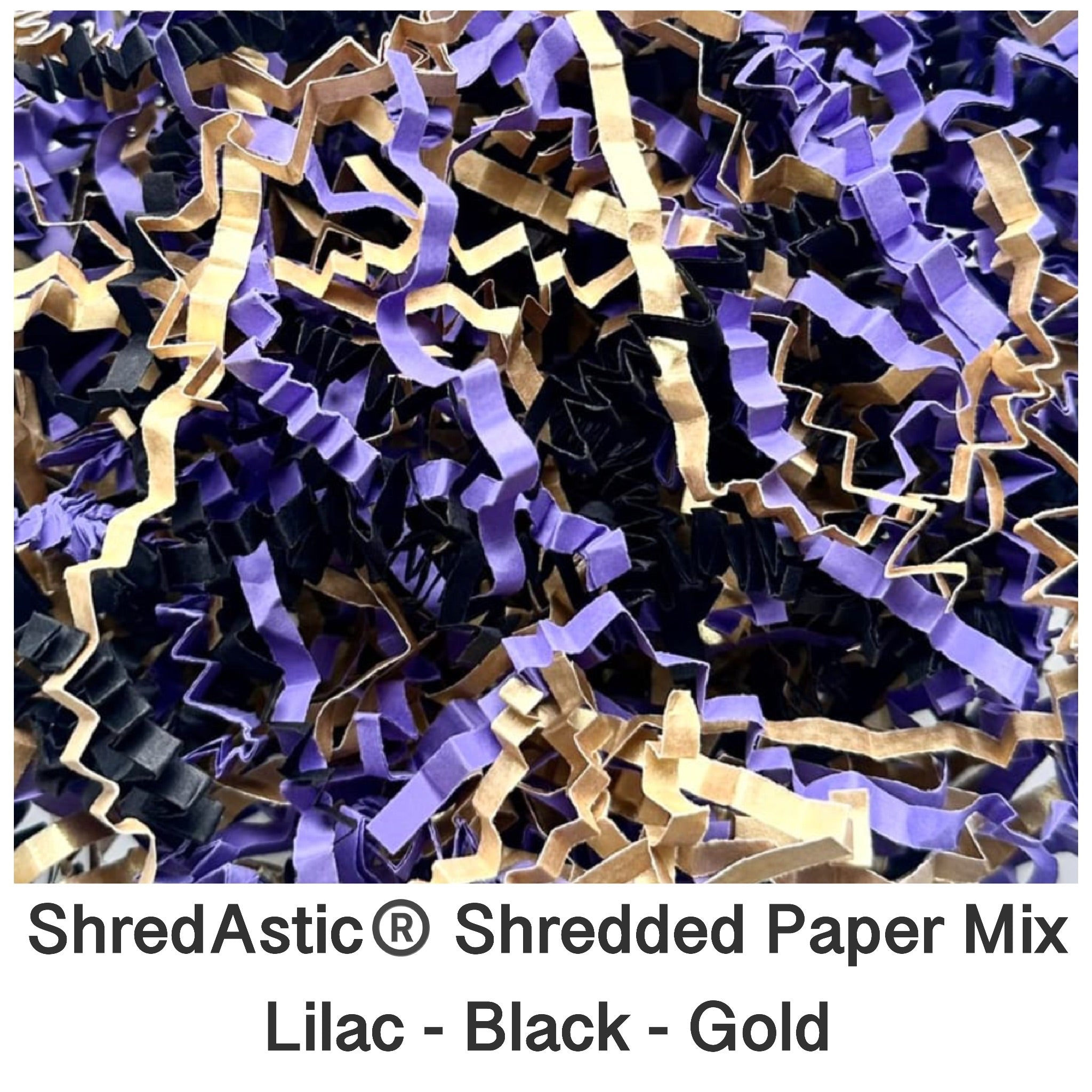 ShredAstic®️ SHREDDED PAPER Lilac Purple/Gold/Black ZigZag Crinkle hamper Mix