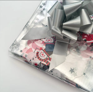 Santa Snowman Snowflake Cellophane hamper wrap / Silver pull bow