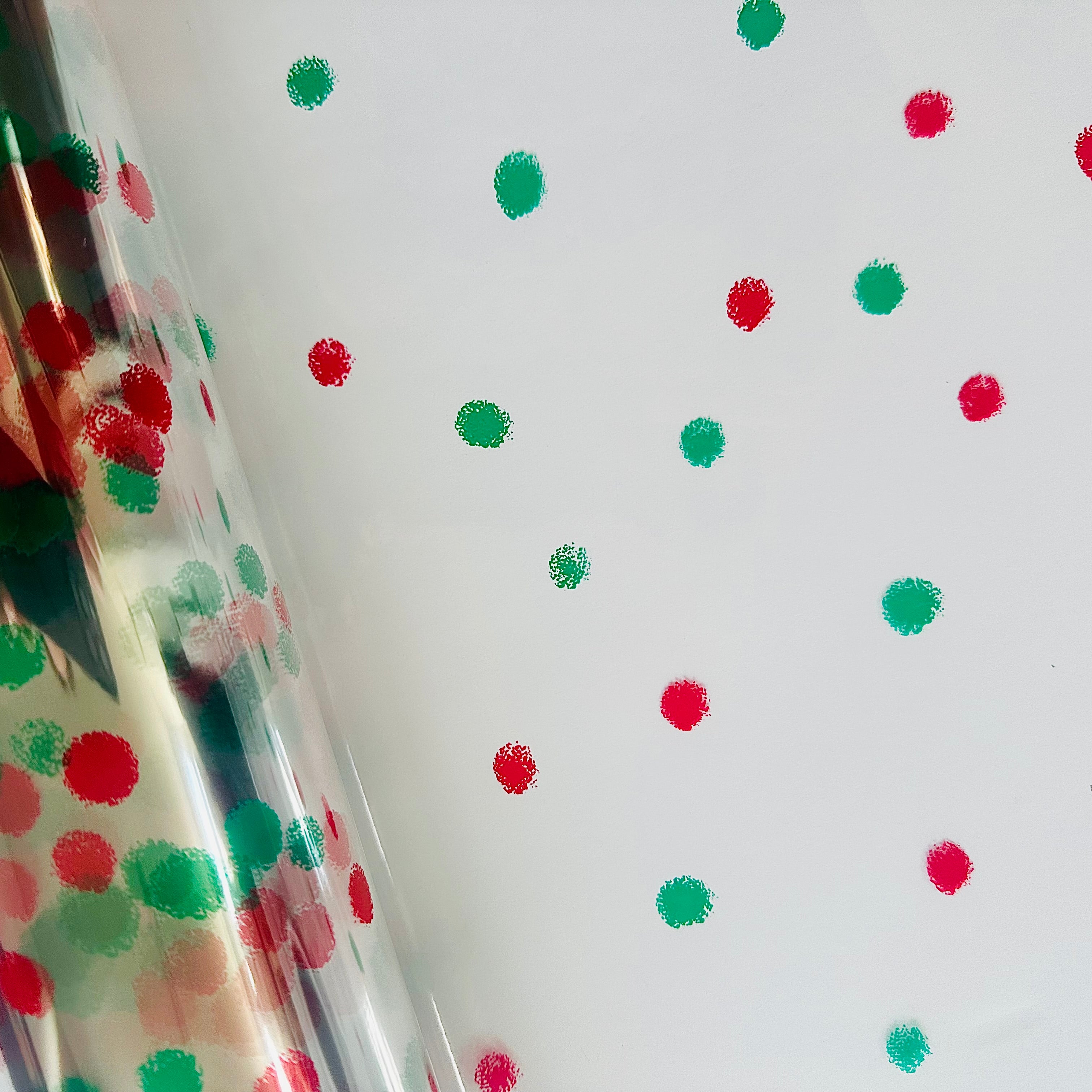 Red Green Dot Christmas Cellophane hamper wrap with 3 metres red curling ribbon