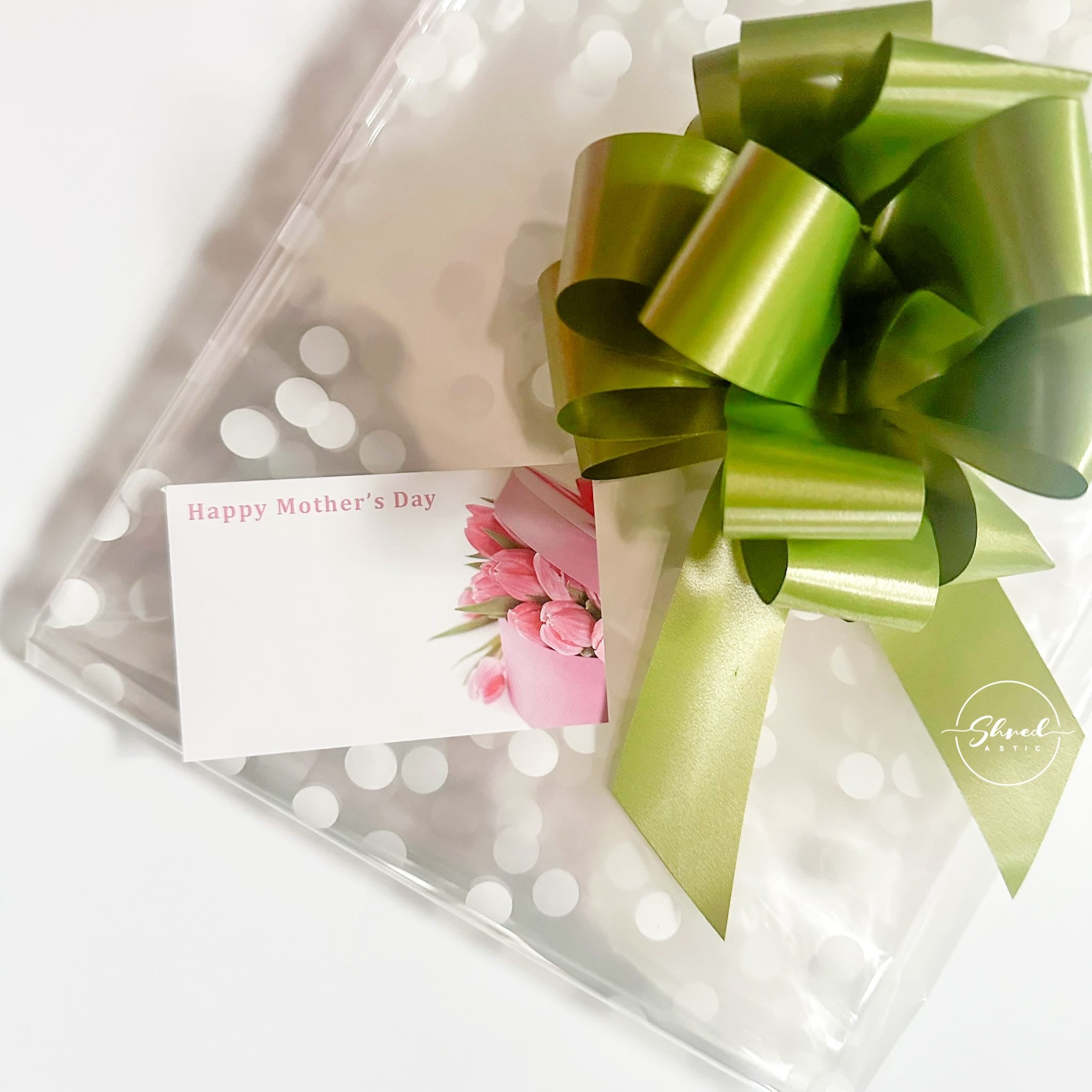 Mothers Day White dot Florist Cellophane Moss Green Pull Bow & card