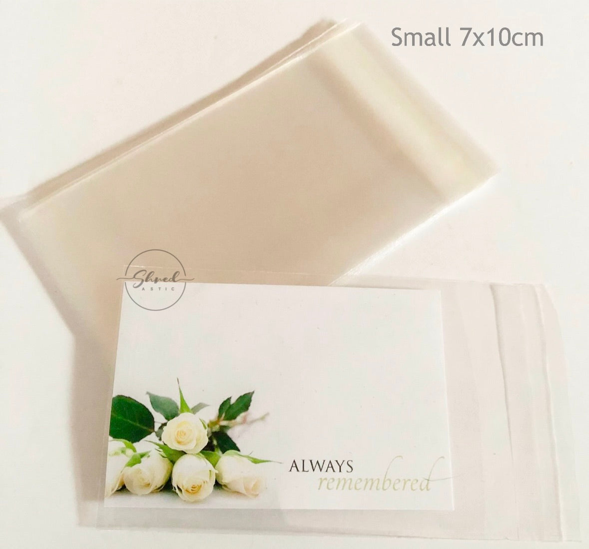 ShredAstic® Clear Envelopes Sticky self Seal for Funeral Memorial Florist Cards small 7x10cm cellophane Bags